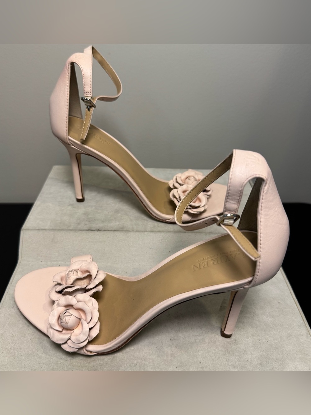 Ralph Lauren Elegant Pink Floral Ankle-Strap Women's Heels, size 7.5, NWOT - Picture 2 of 8